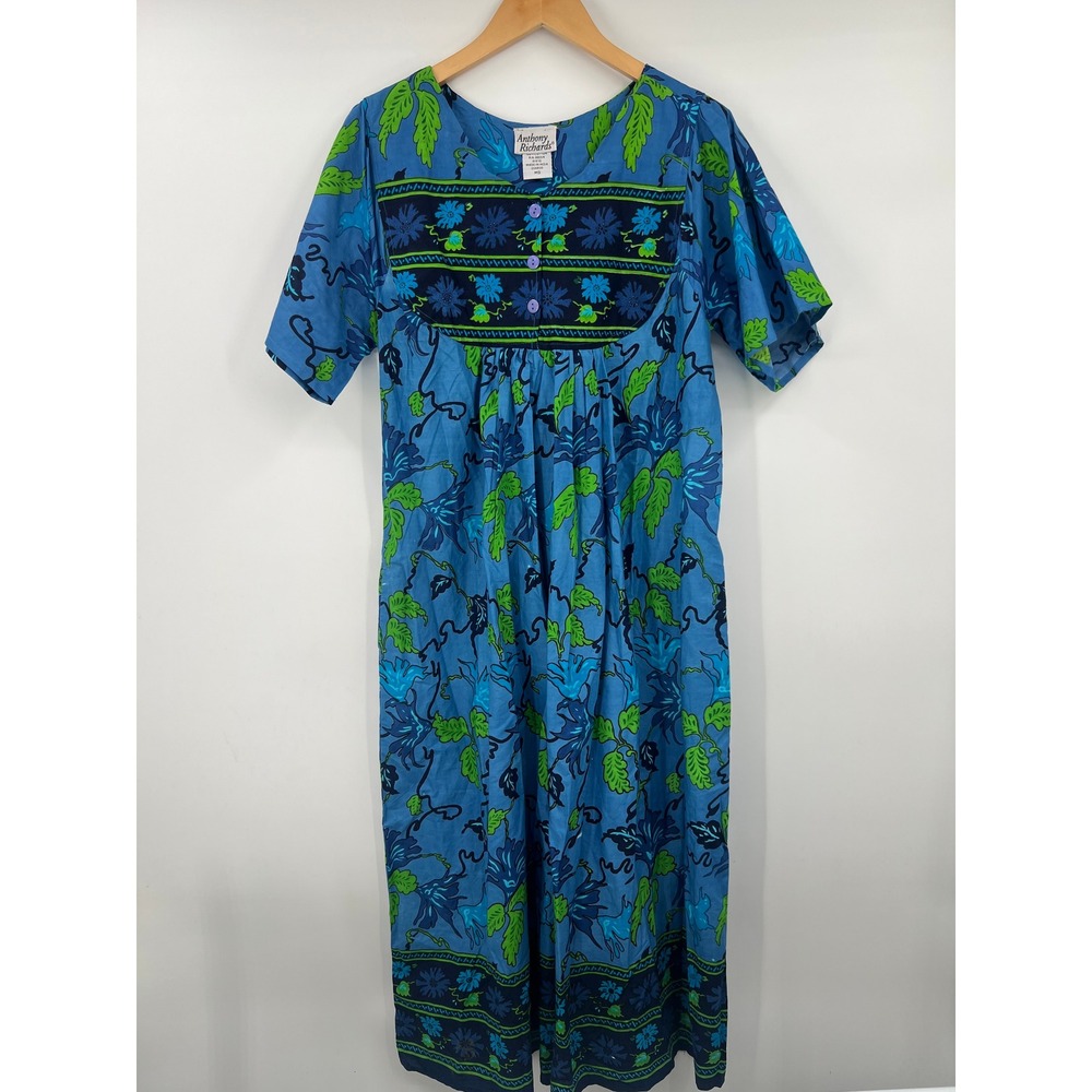 Anthony Richards Blue Green Floral Cotton Muumuu House Dress Pockets Size MD